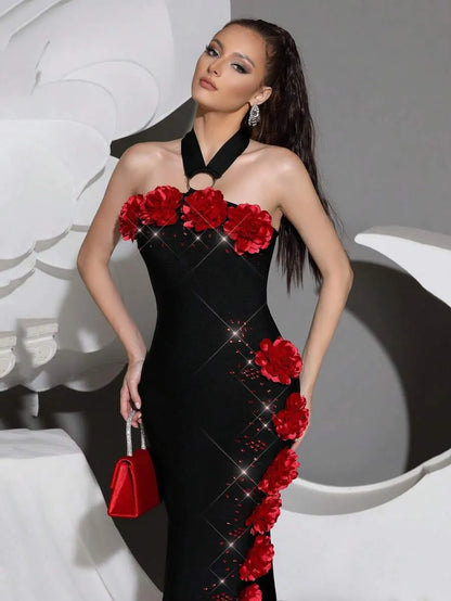 sebastiane Halterneck Flower Bandage Maxi Dress in black