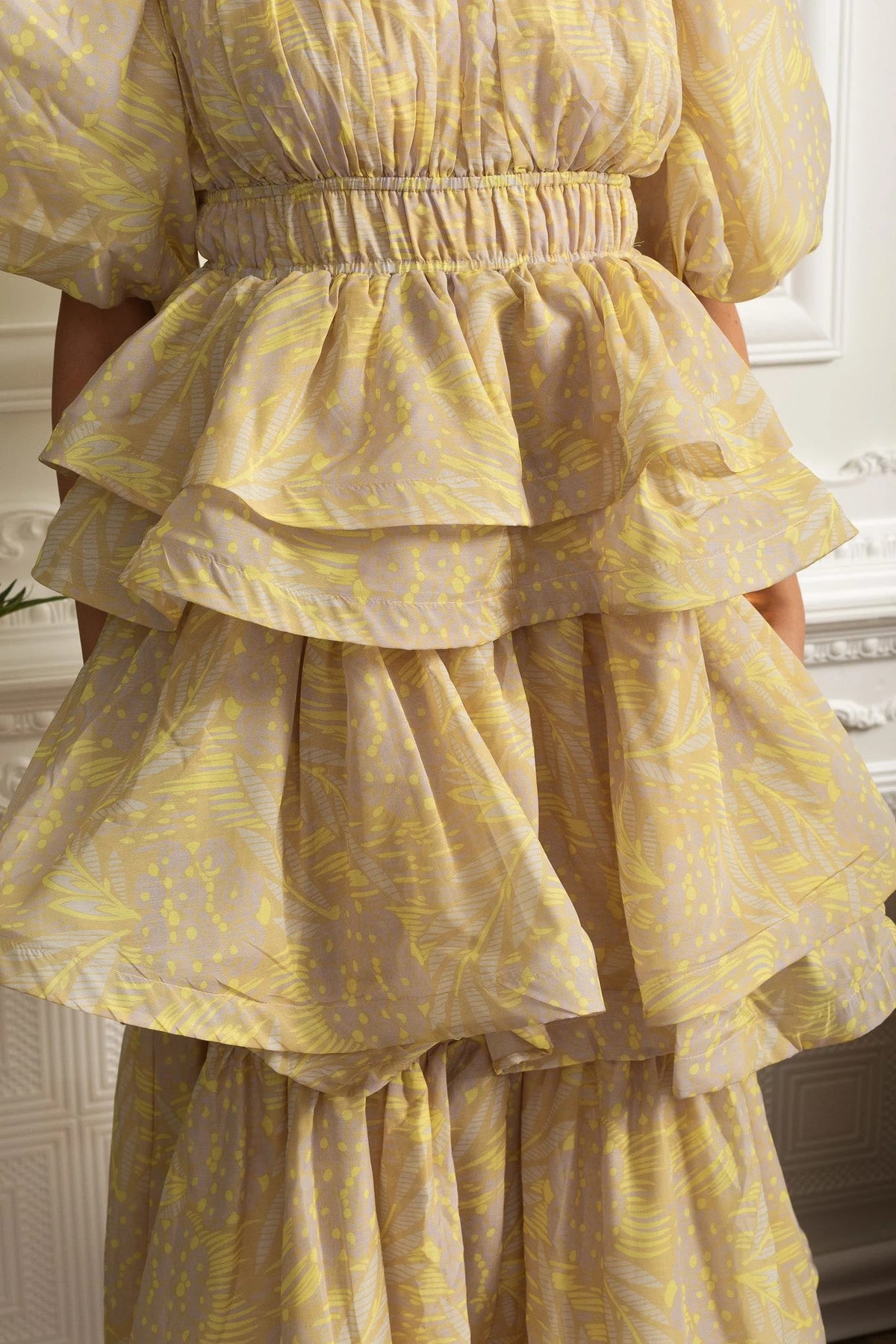 kristin Puff Sleeve Tiered Ruffle Midi Dress - Yellow
