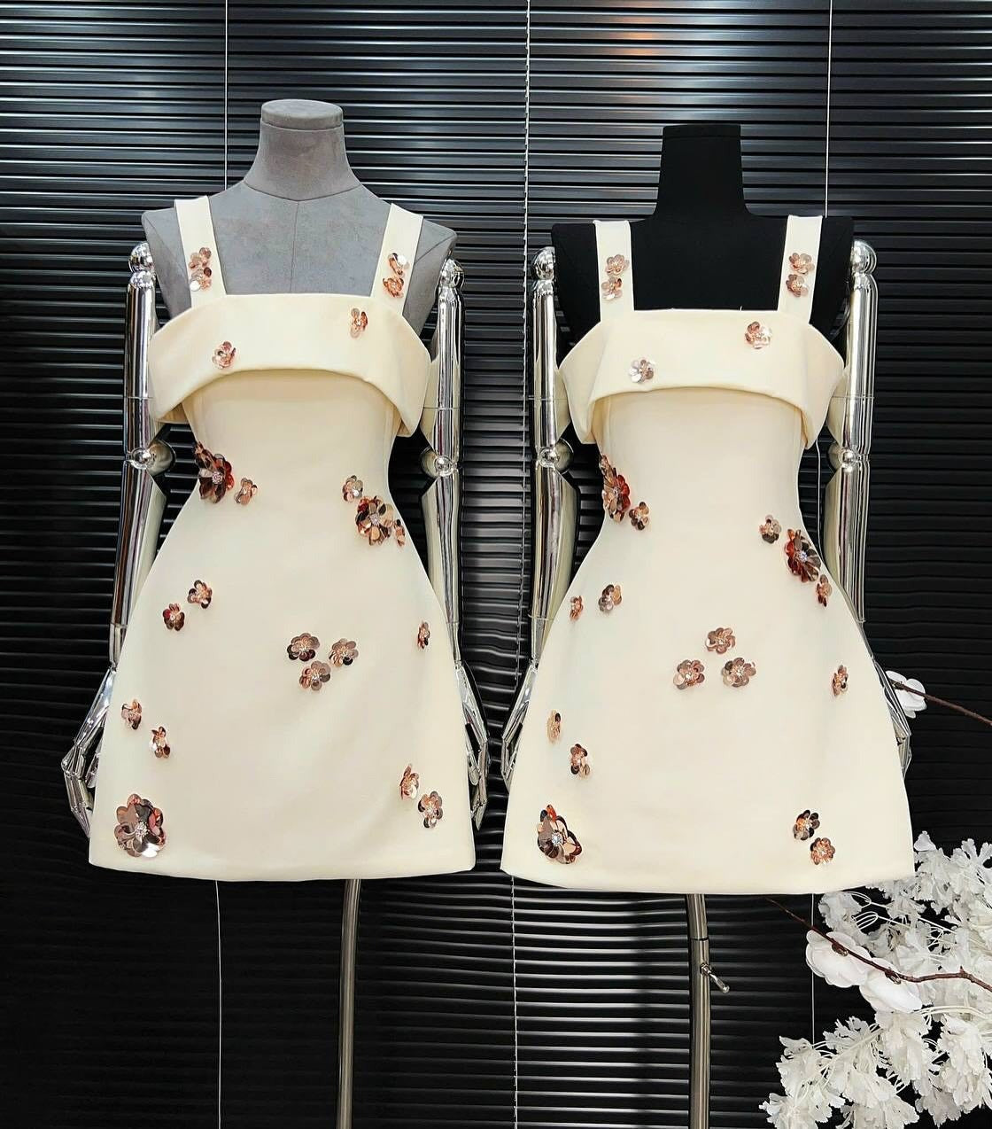 gabrielle sequin rhinestone flower mini dress in white