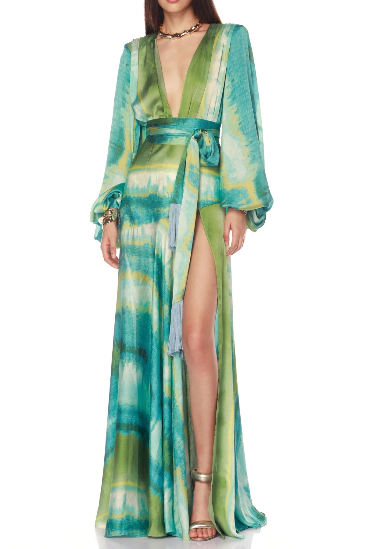 Green multicolor floral print puff sleeve maxi dress