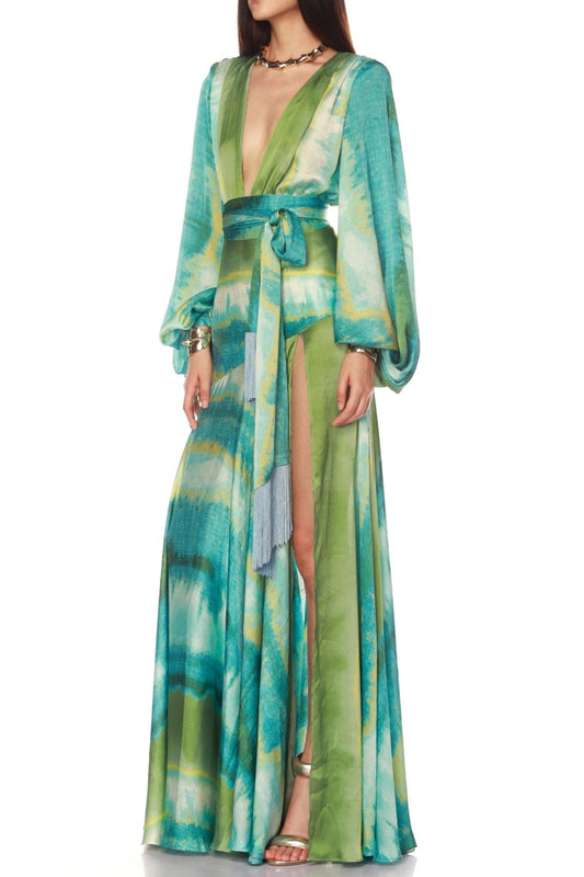 Green multicolor floral print puff sleeve maxi dress