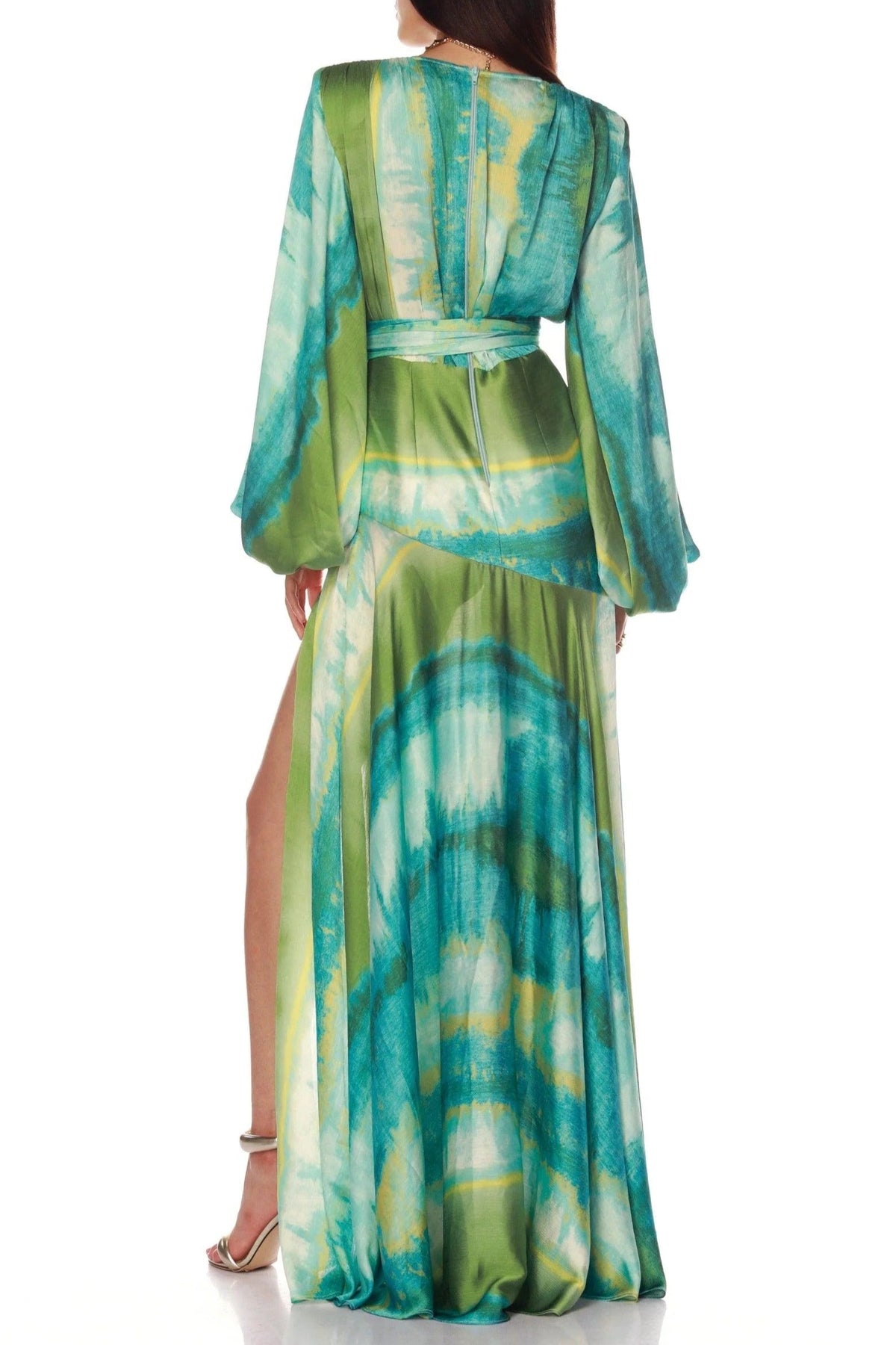 Green multicolor floral print puff sleeve maxi dress