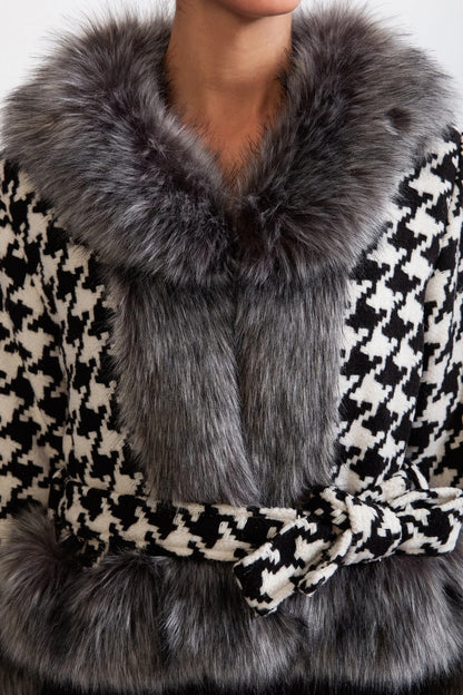 natividad Houndstooth Wool Belted Coat with Fur