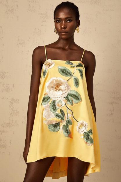 edwina applique floral Embroidered Mini Dress in yellow