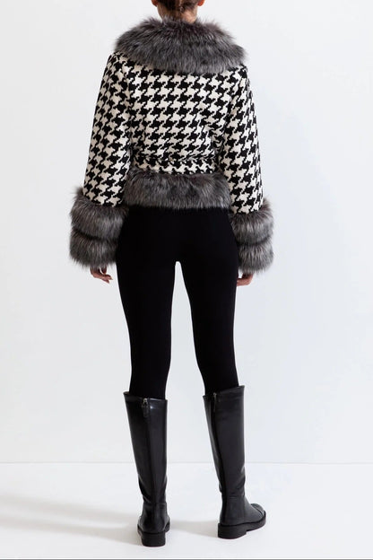 natividad Houndstooth Wool Belted Coat with Fur