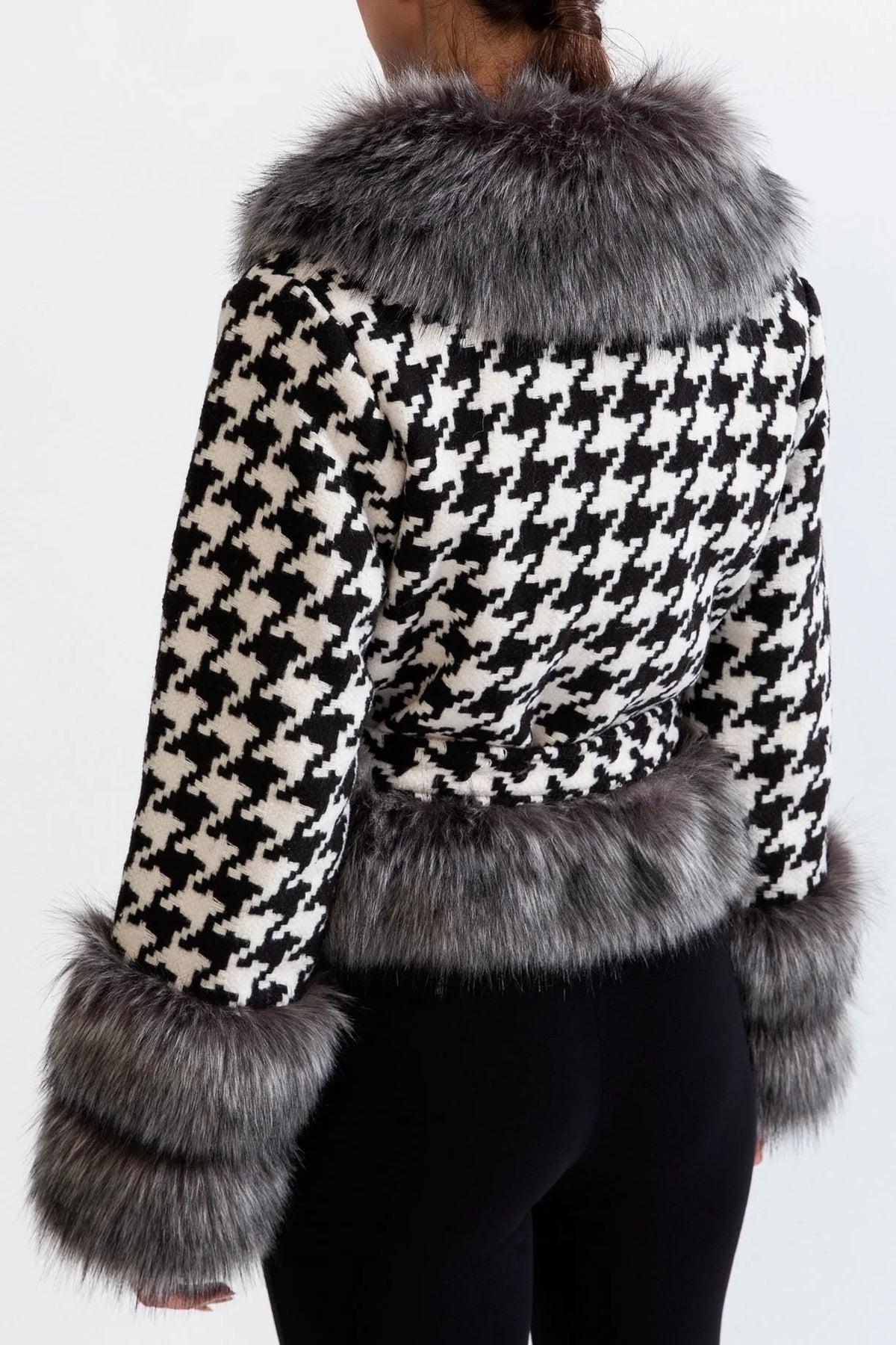natividad Houndstooth Wool Belted Coat with Fur