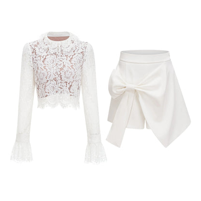 Ruffle Lace Top & Big Bow Skort Two-Piece Set