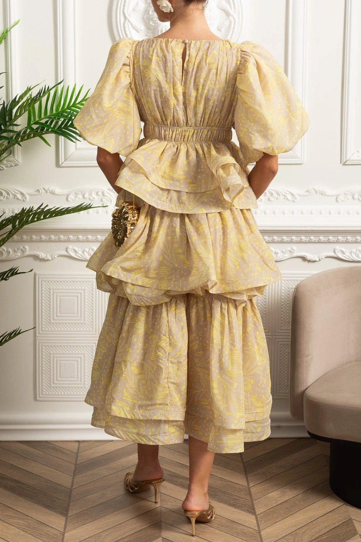 kristin Puff Sleeve Tiered Ruffle Midi Dress - Yellow