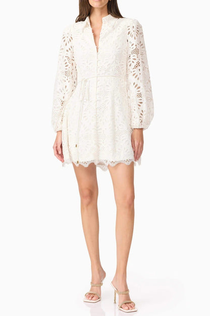 lapel hollow embroidery puff sleeve mini dress in white