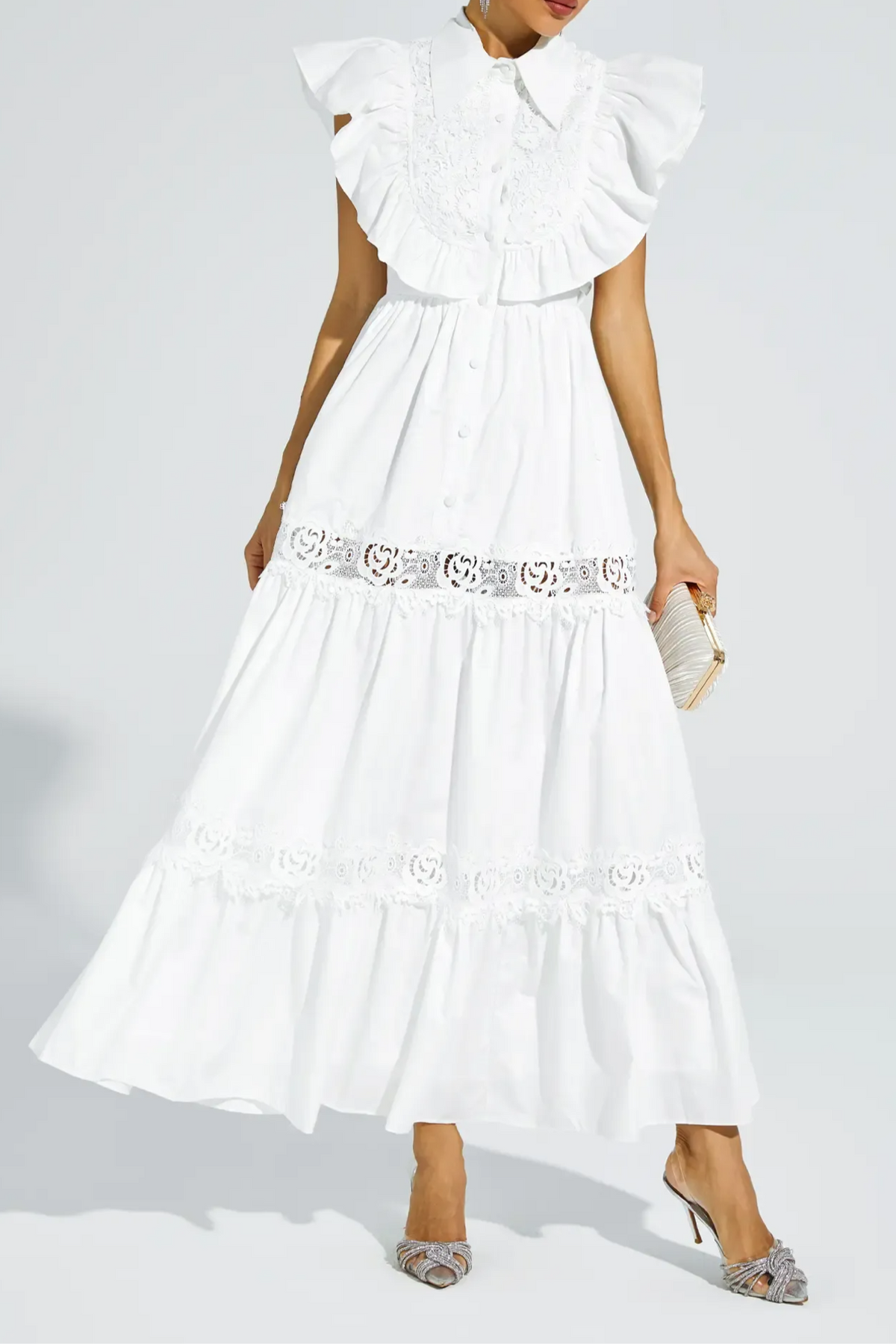 White Sleeveless Ruffle trim Midi Dress