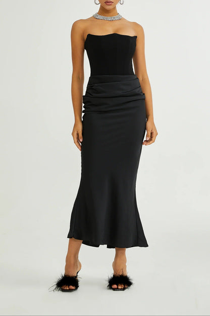 black velvet strapless corset maxi dress