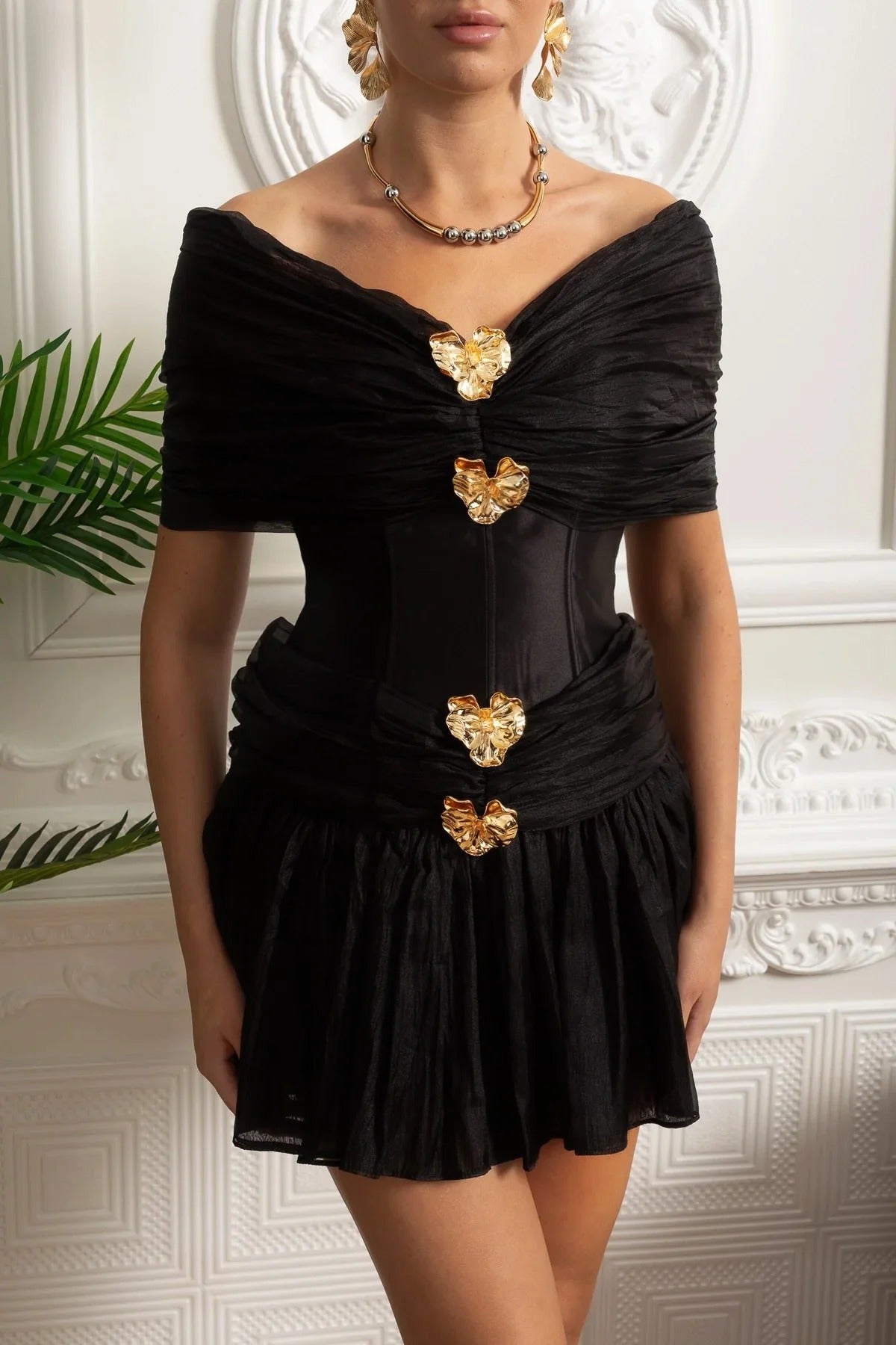 Emerald Fit and Flare Corset Waist Chiffon Mini Dress