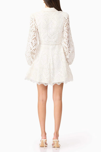 lapel hollow embroidery puff sleeve mini dress in white