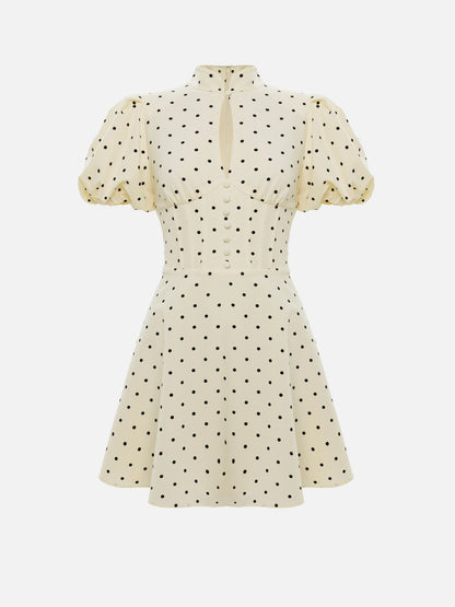 Mock Neck Puff Sleeve Polka Dot Mini Dress