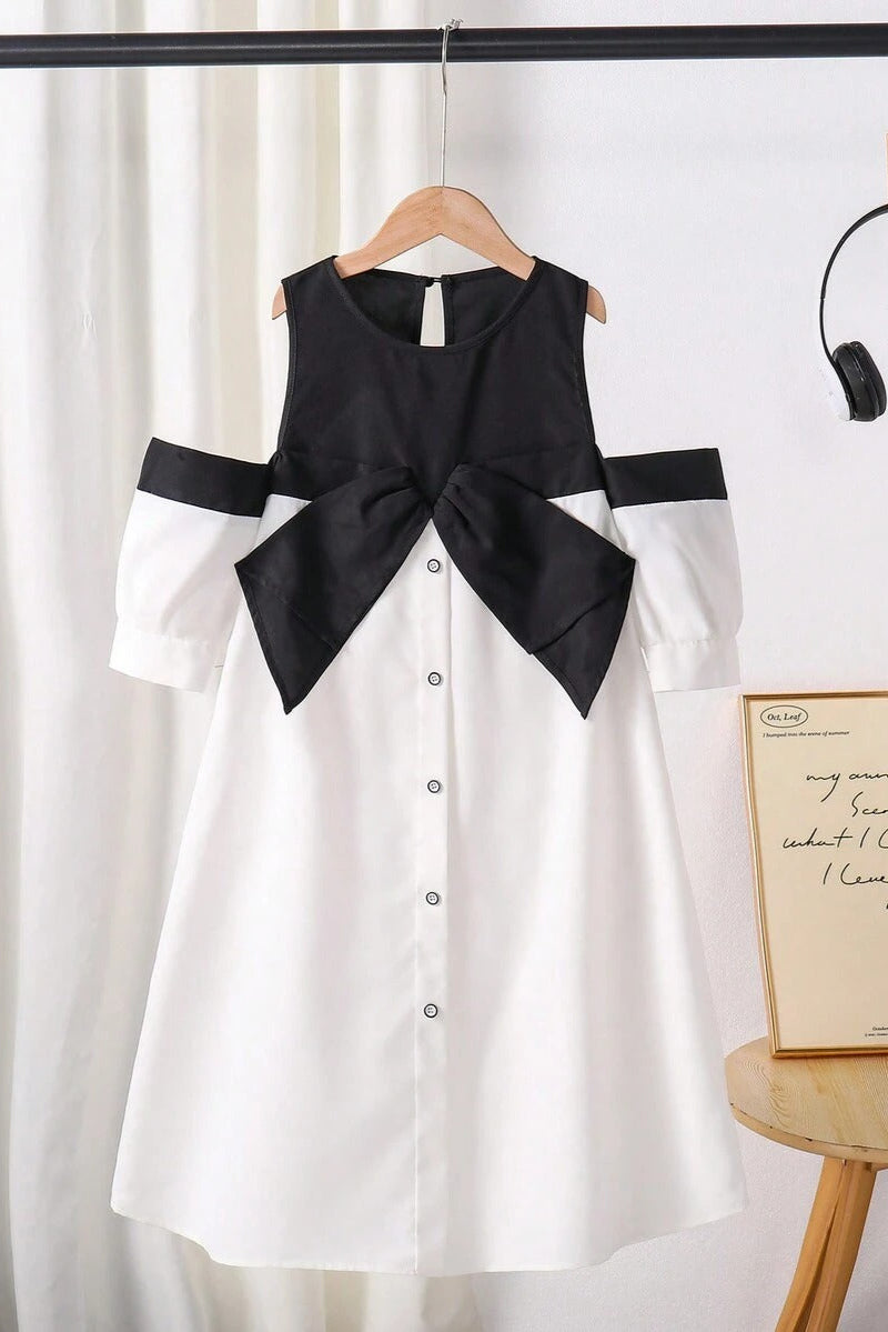 evelyn Off-shoulder contrast bow mini dress