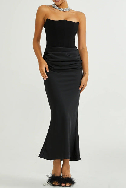 black velvet strapless corset maxi dress