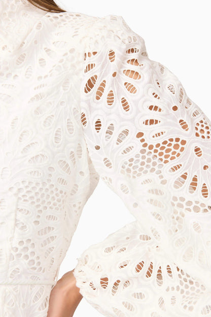 lapel hollow embroidery puff sleeve mini dress in white