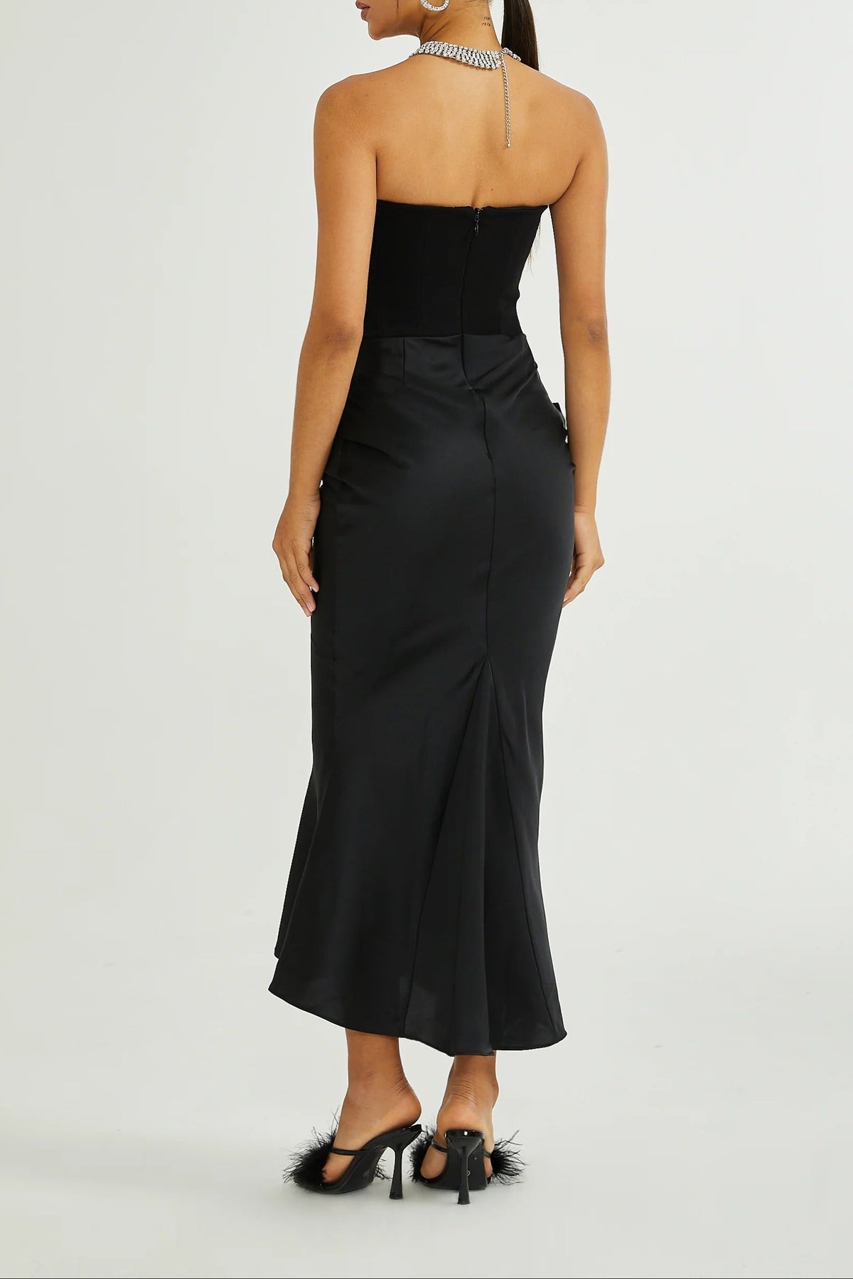 black velvet strapless corset maxi dress