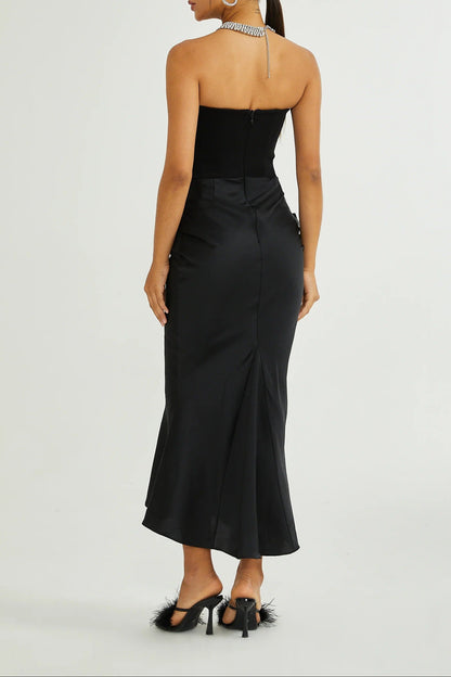 black velvet strapless corset maxi dress