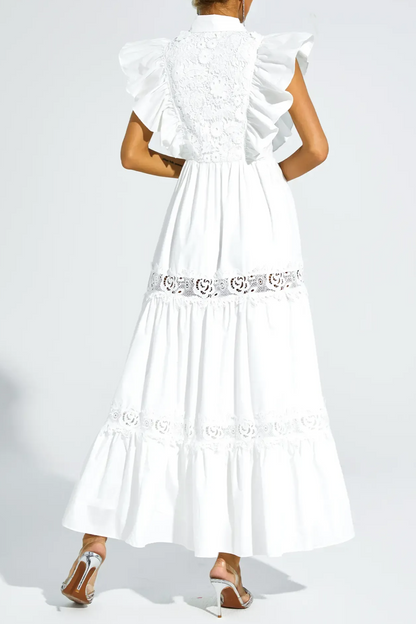 White Sleeveless Ruffle trim Midi Dress