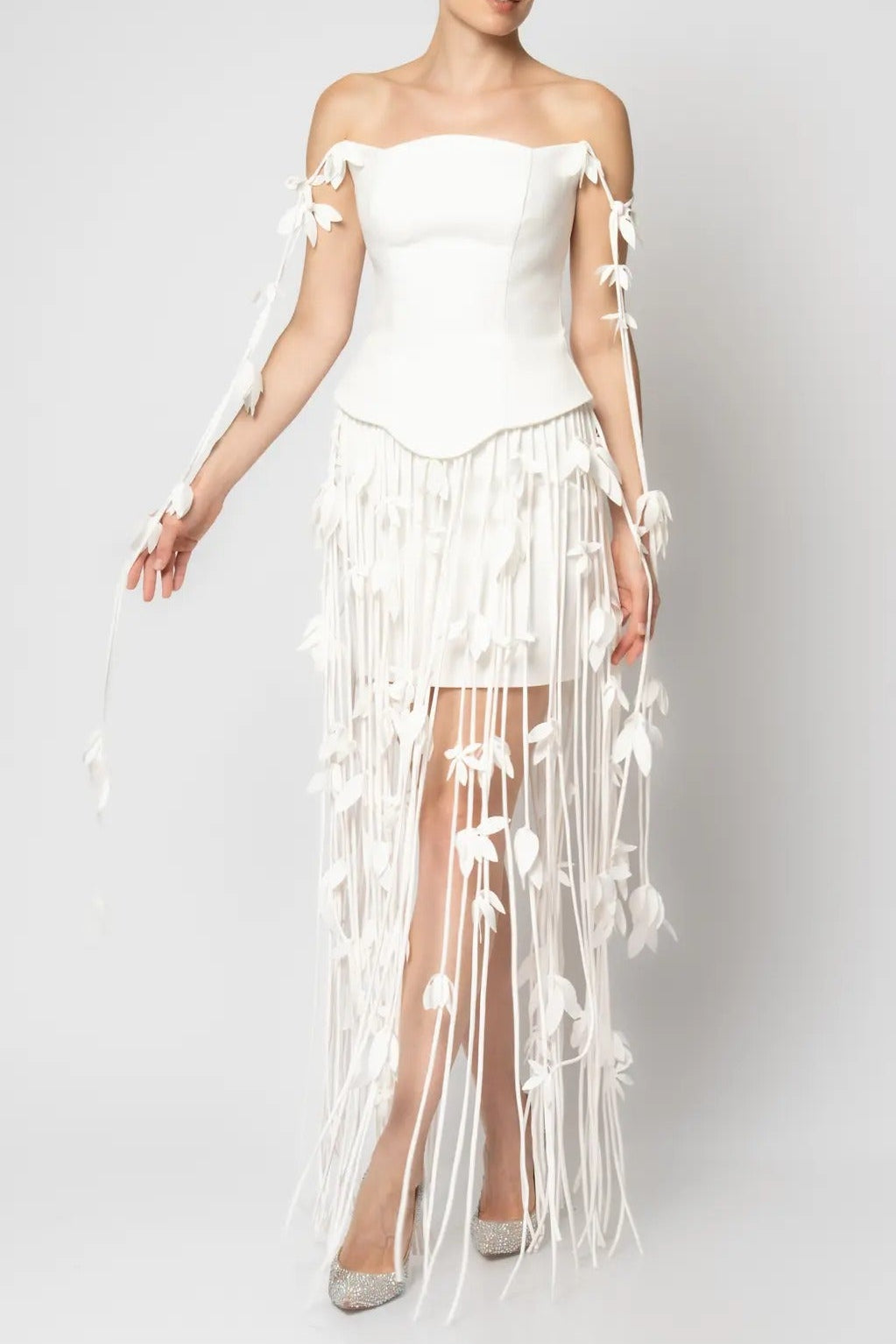 hilary white flower tassel strapless mini dress