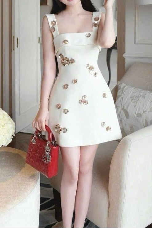 gabrielle sequin rhinestone flower mini dress in white
