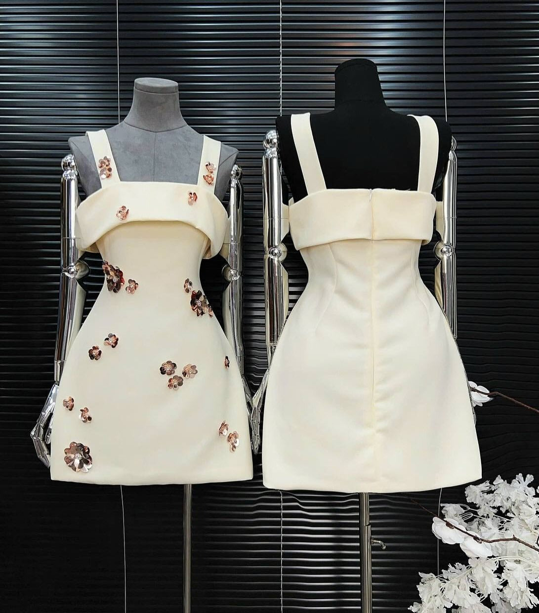 gabrielle sequin rhinestone flower mini dress in white