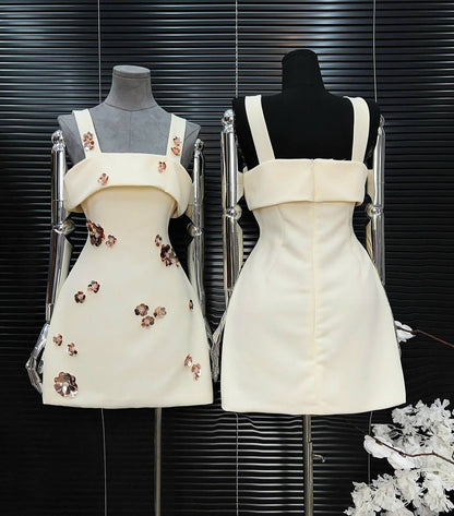 gabrielle sequin rhinestone flower mini dress in white