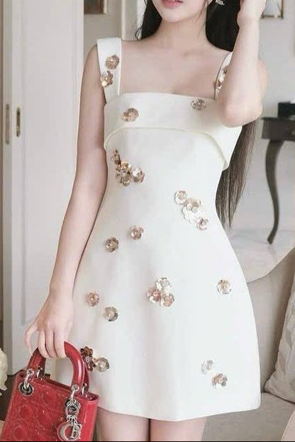 gabrielle sequin rhinestone flower mini dress in white