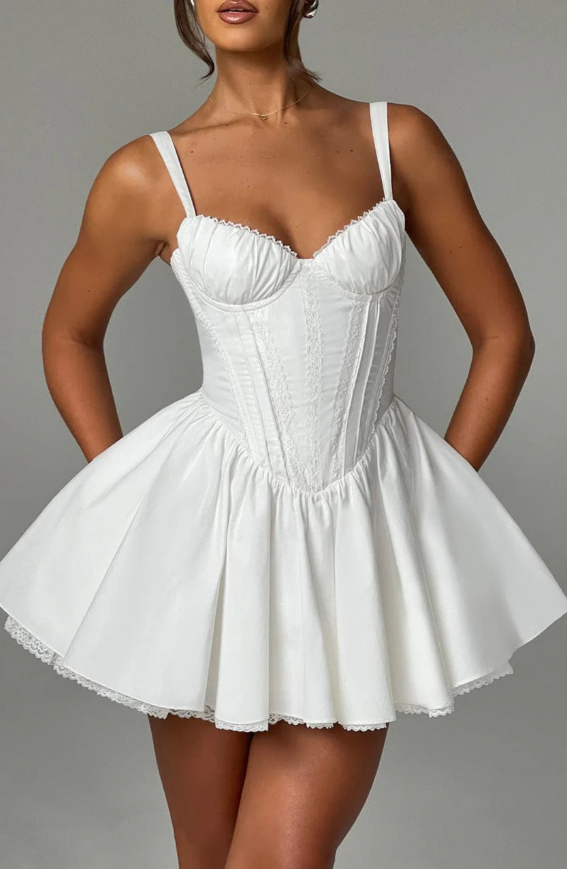 lace ruffle trim corset mini dress in white