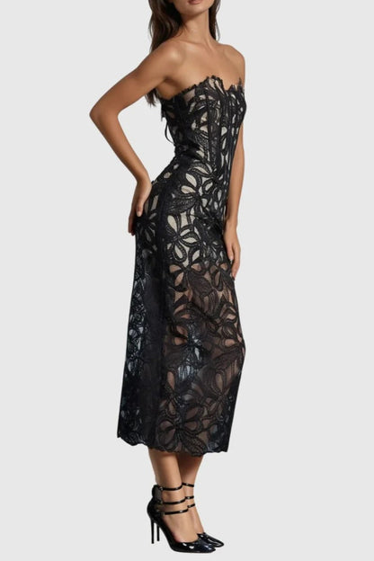 letitia Strapless Flower Embroidered Midi Dress