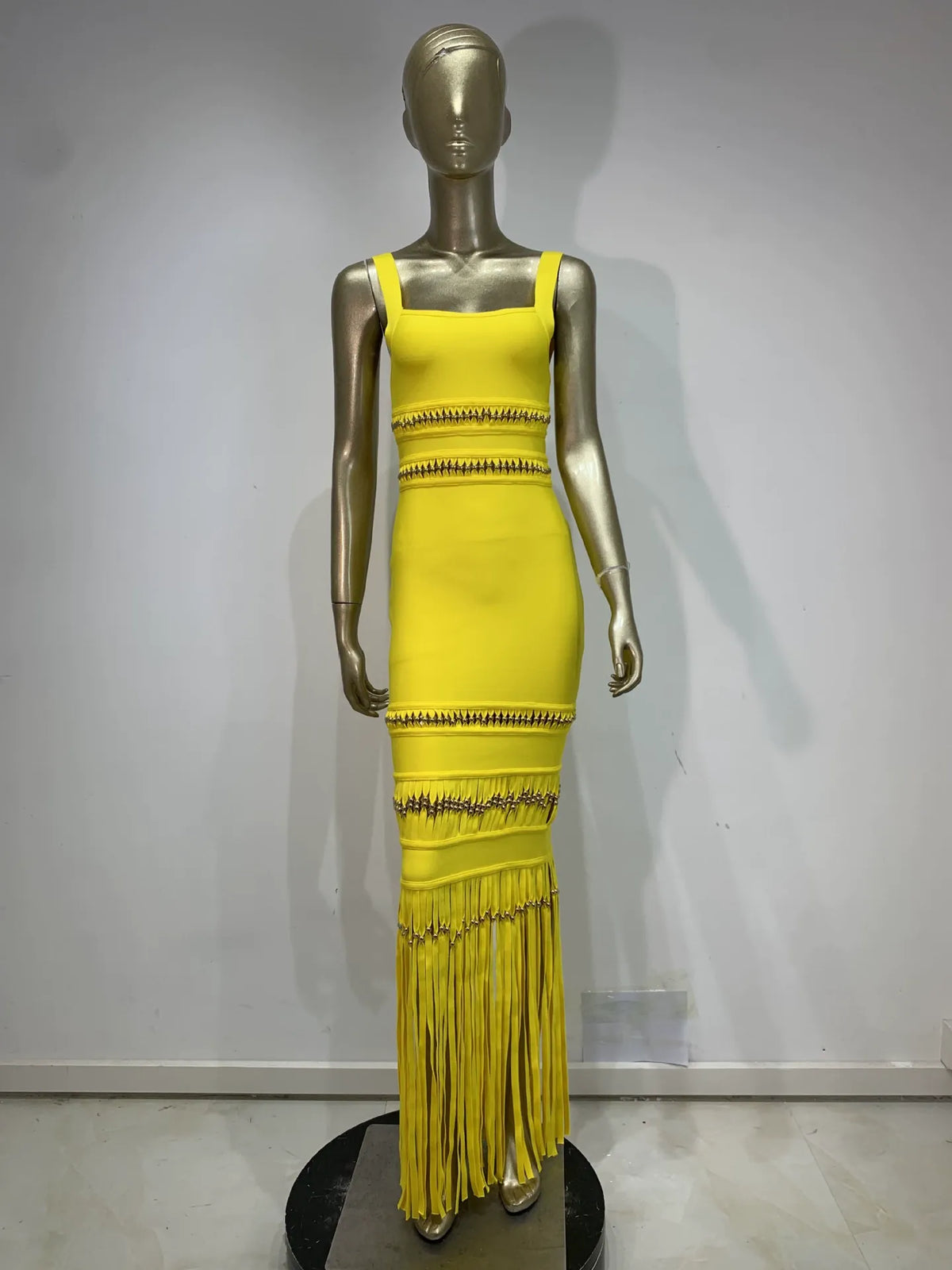 Bright Yellow Square Strap Cutout Fringe Bandage Maxi Mermaid Dress