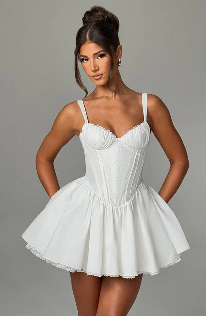 lace ruffle trim corset mini dress in white