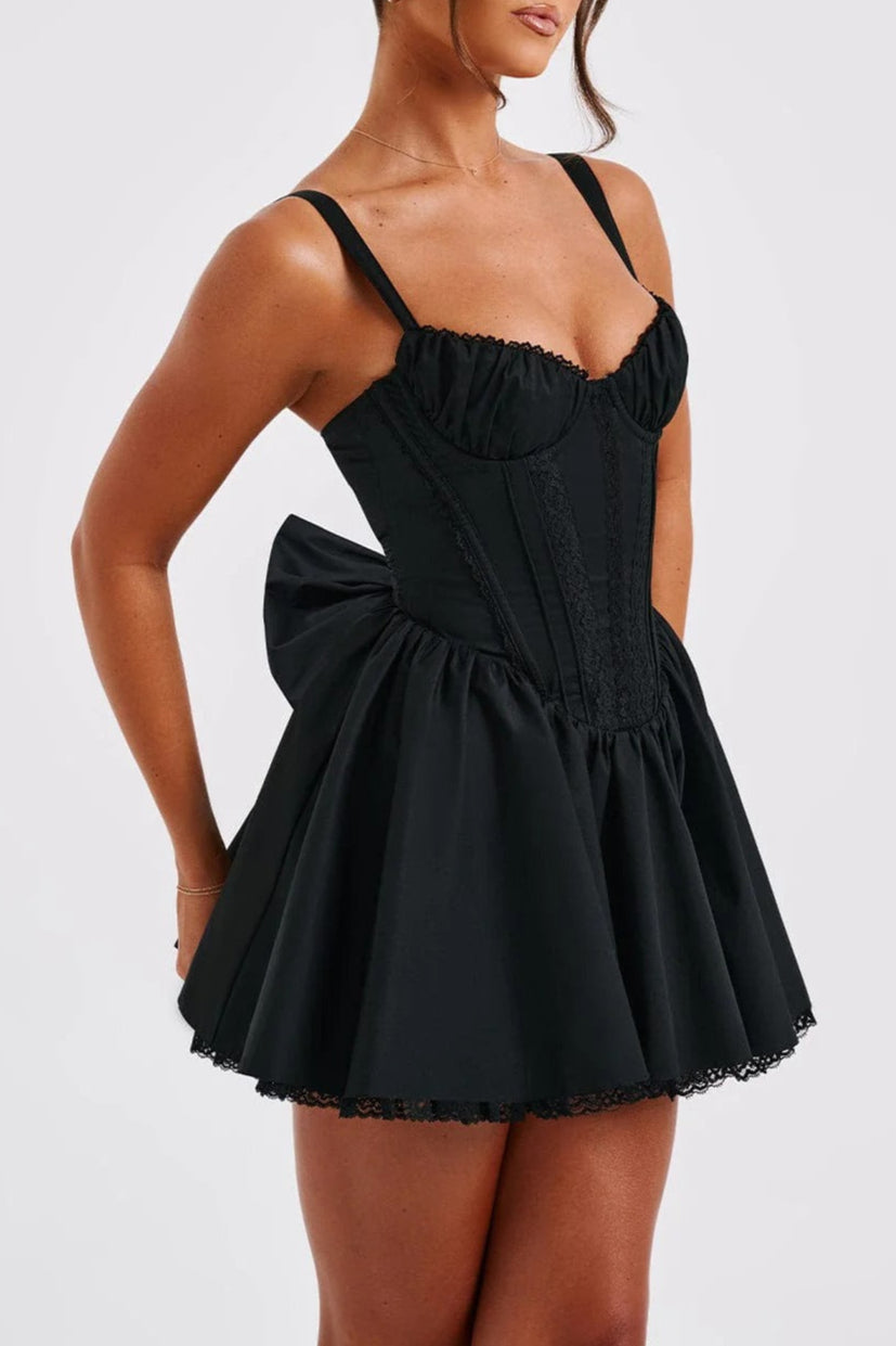 lace ruffle trim corset mini dress in black