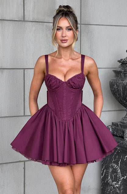 lace ruffle trim corset mini dress in purple