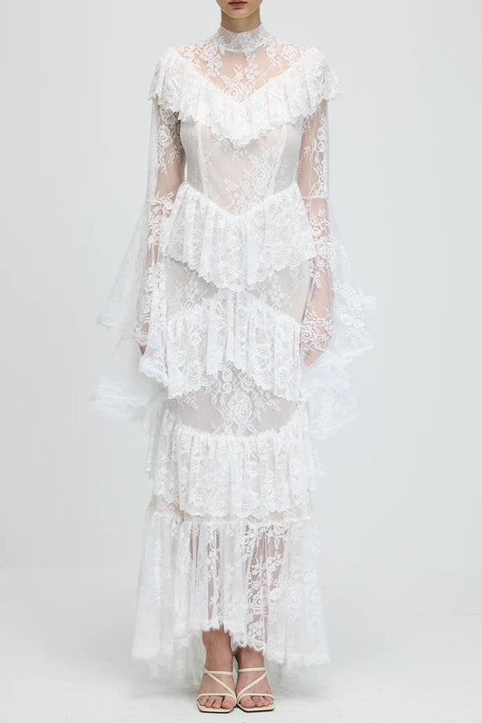 sylvia Sheer lace trumpet sleeve maxi dress in white