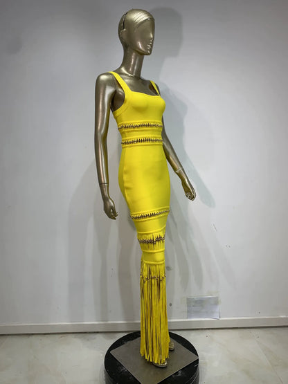 Bright Yellow Square Strap Cutout Fringe Bandage Maxi Mermaid Dress