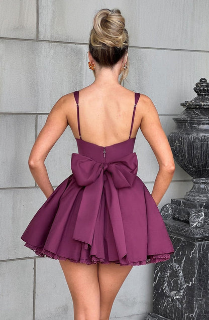 lace ruffle trim corset mini dress in purple