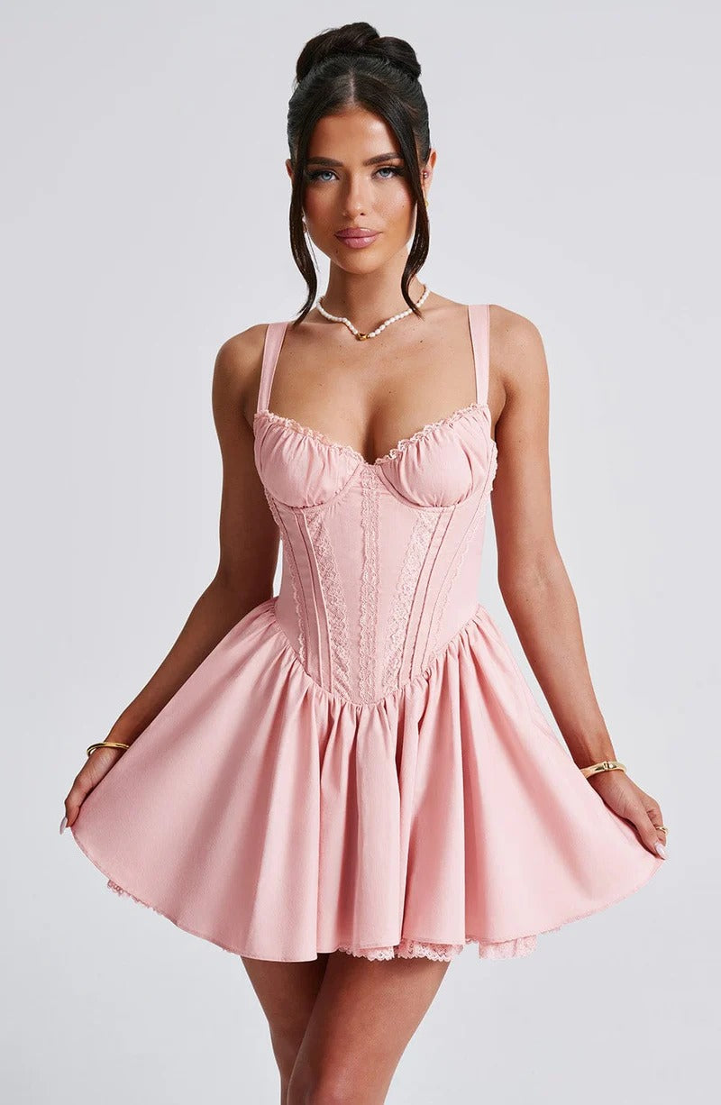 lace ruffle trim corset mini dress in pink