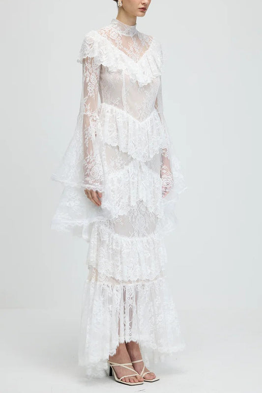sylvia Sheer lace trumpet sleeve maxi dress in white