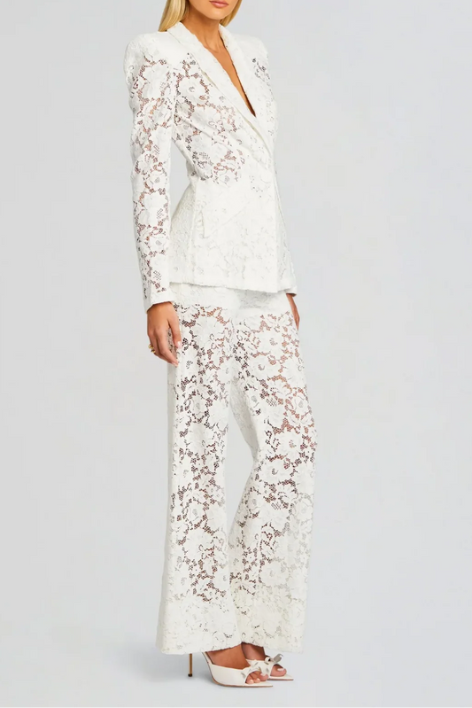 elvira v-neck Lace Blazer set in white