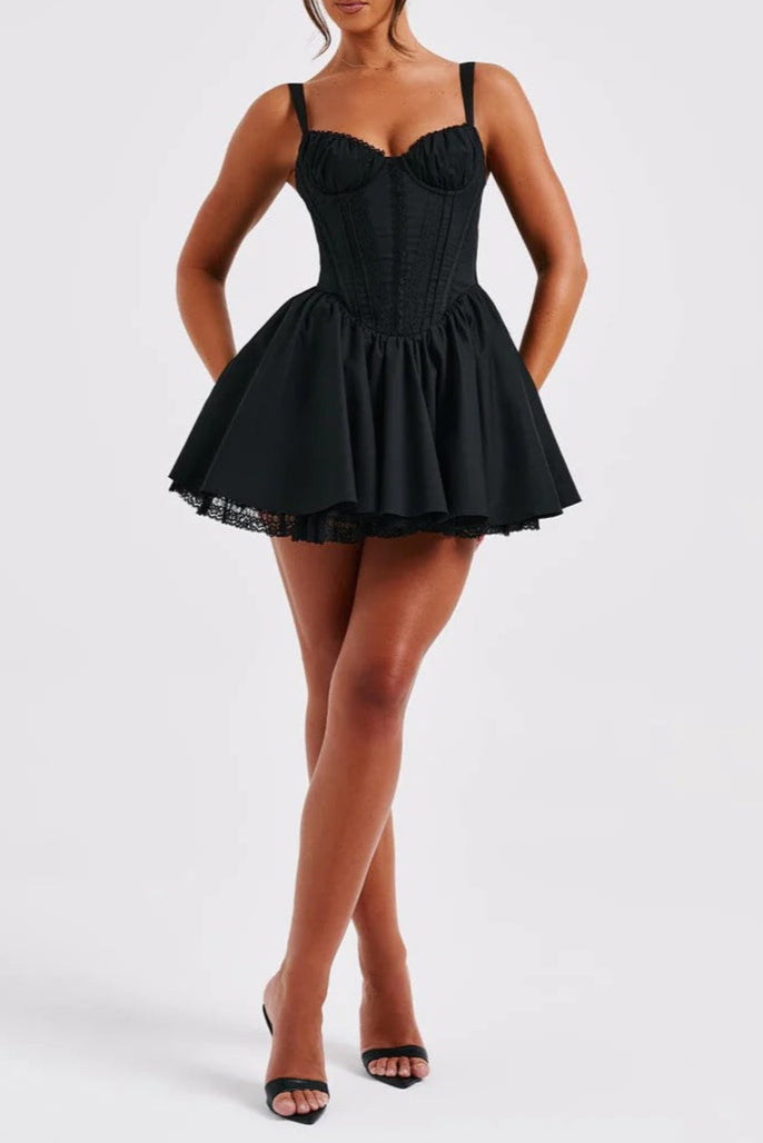 lace ruffle trim corset mini dress in black