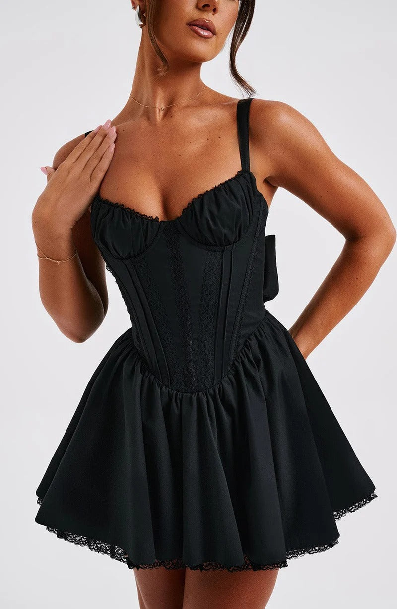 lace ruffle trim corset mini dress in black