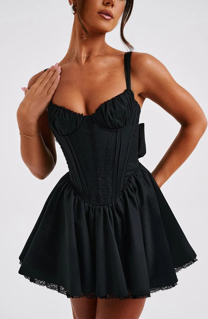 lace ruffle trim corset mini dress in black