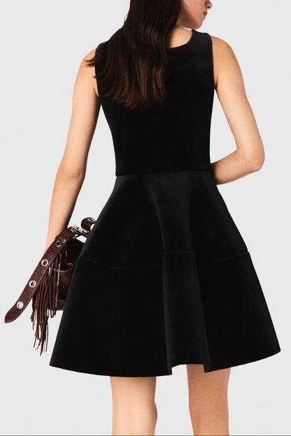 tara black Square neck velvet puff sleeveless mini dress