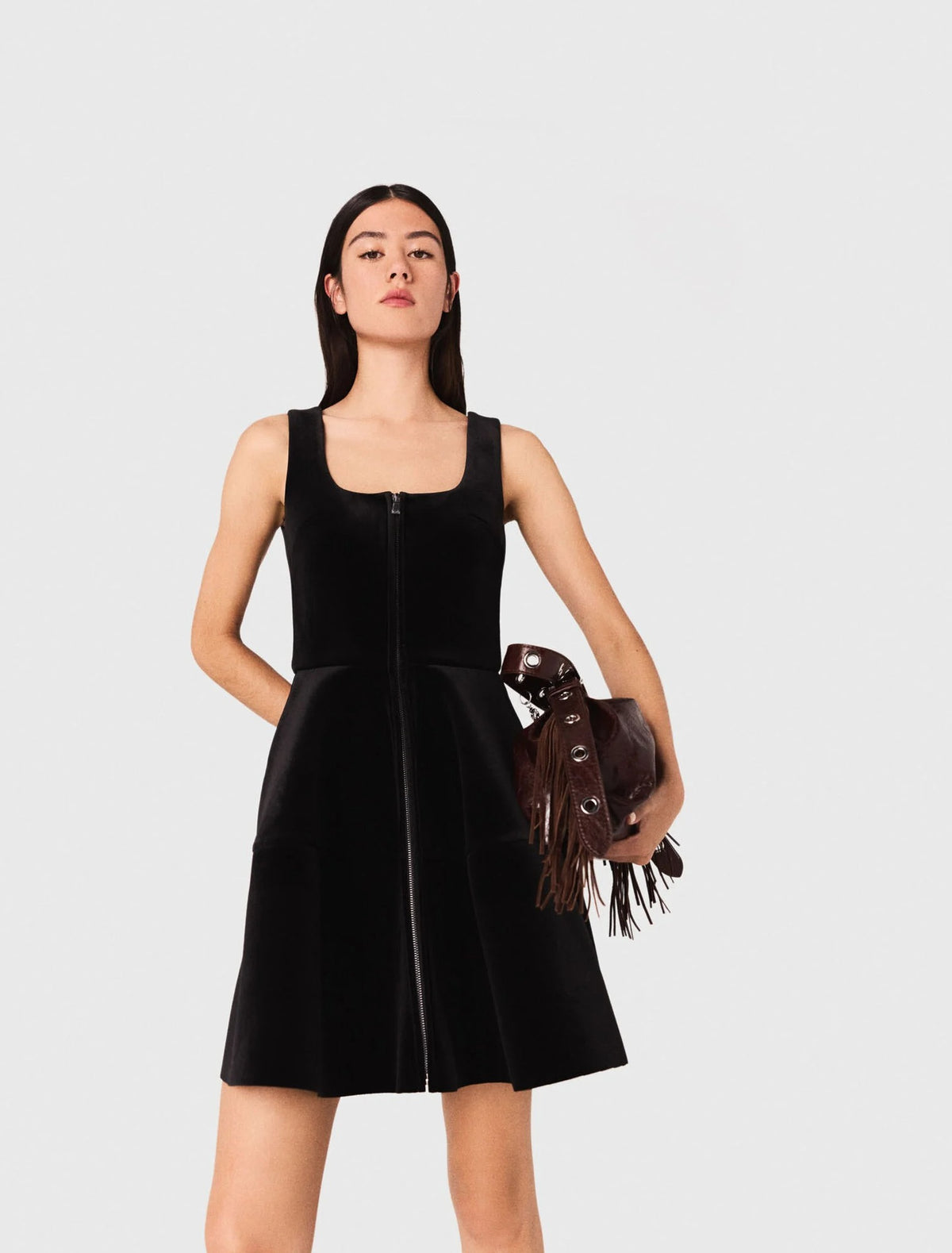 tara black Square neck velvet puff sleeveless mini dress