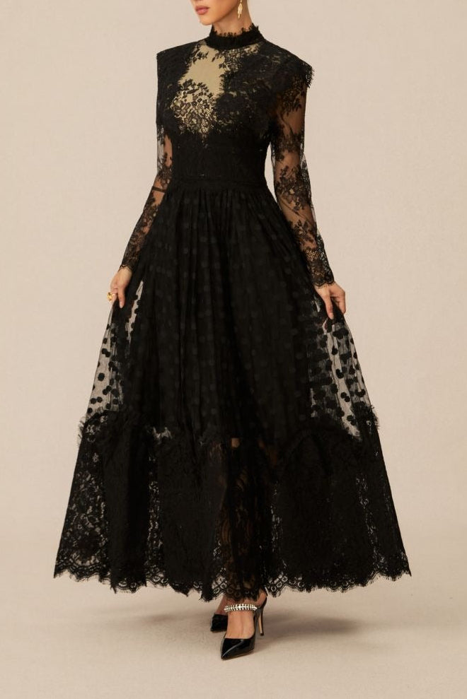 Elegant Enchantment Black Polka Dot Lace Maxi Dress