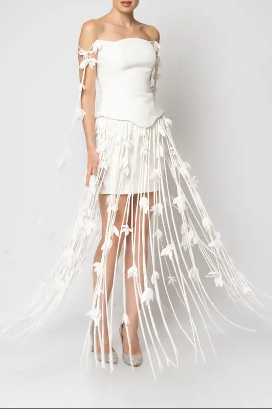 hilary white flower tassel strapless mini dress