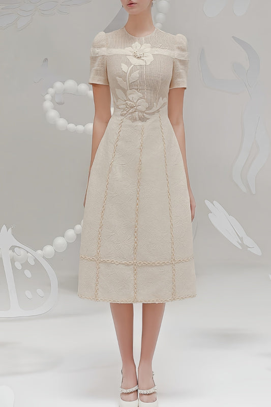 hermosa 3d floral embroidered hollow midi dress in apricot