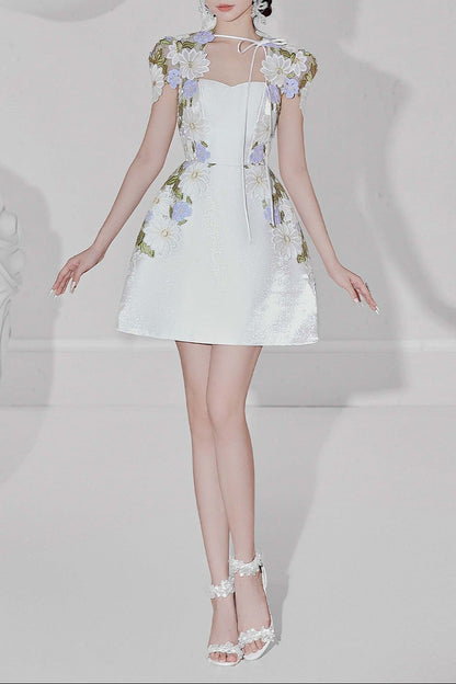 White Floral Embroidered Mini Dress with Sheer Cap Sleeve Bolero